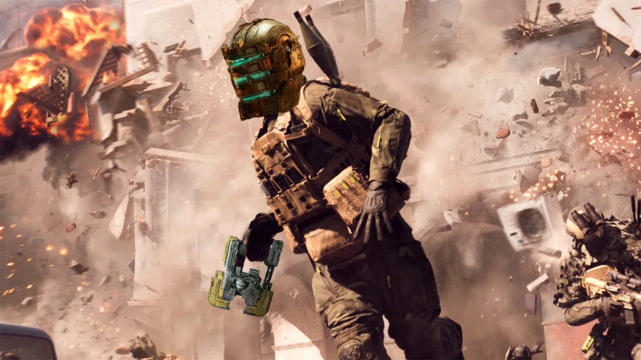 Soldado de Battlefield 6 empunhando um plasma cutter ao lado do icônico marcador de Dead Space em fundo de Las Vegas