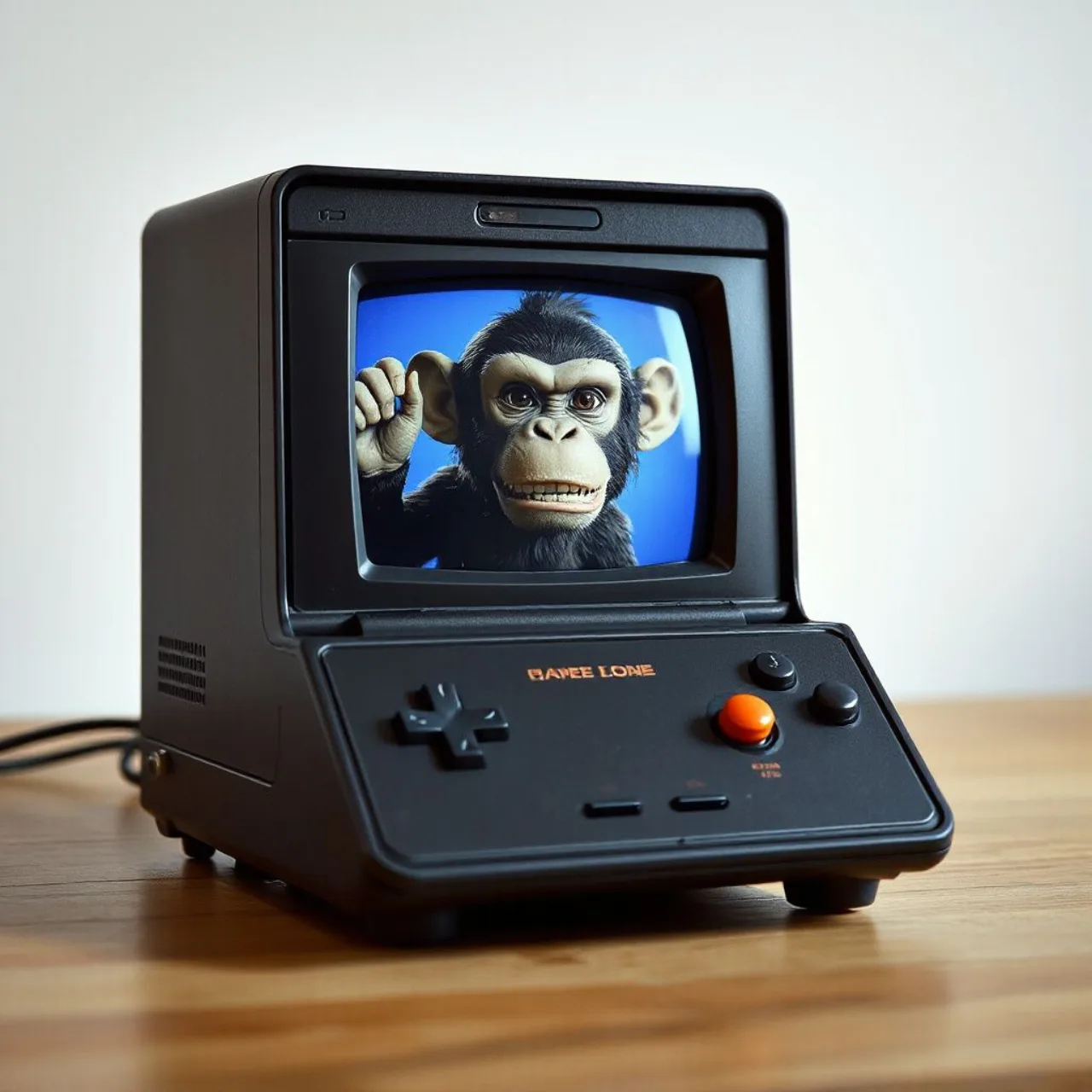 Logo colorido de Ape Escape ao lado de um macaco segurando um controle de PlayStation, com o selo Evening Star Studio