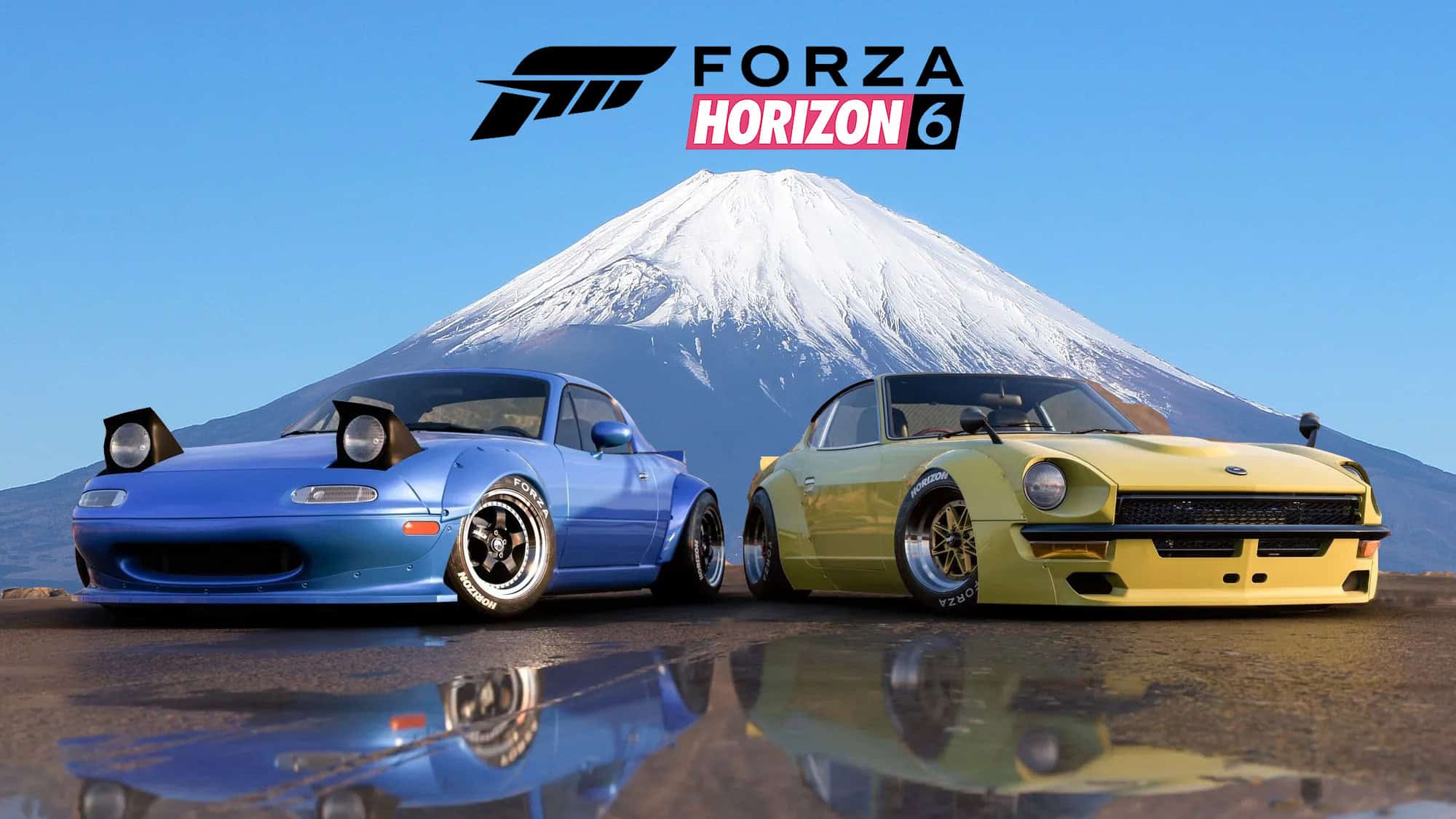 Cena oficial de Forza Horizon 6 com carro esportivo em estrada do Japão e Monte Fuji ao fundo