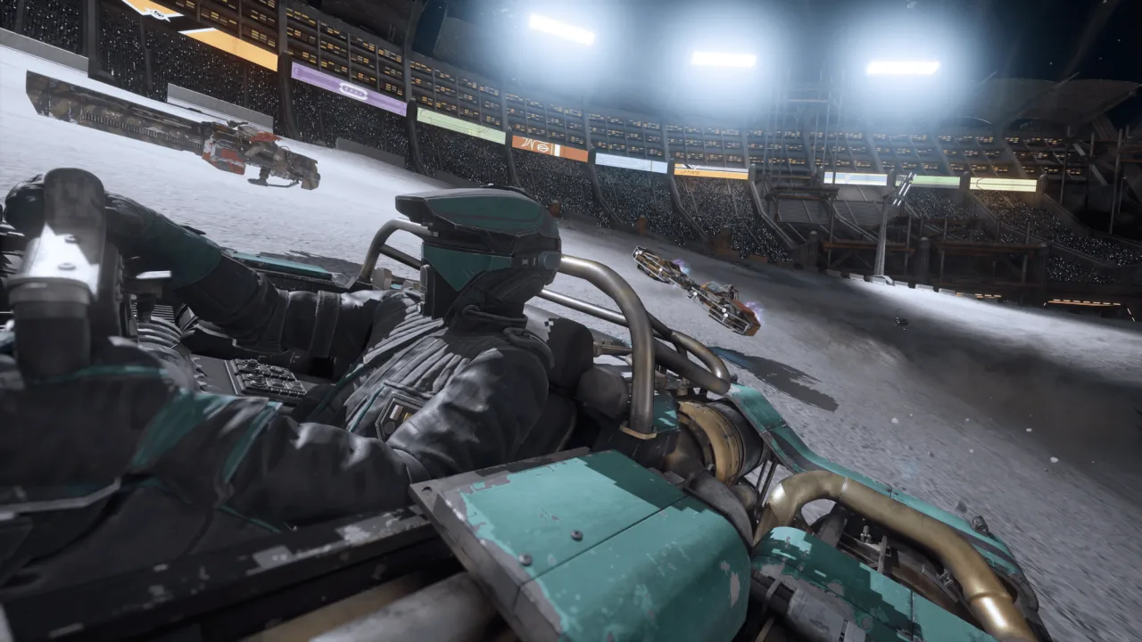 Jogador em roupa esportiva, suando, corre na esteira enquanto segura o controle de Star Wars: Galactic Racer