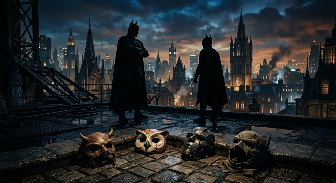 Jovens em roupas de Batman, Robin e Batgirl levantando halteres ao lado de barras de proteína e garrafas d'água