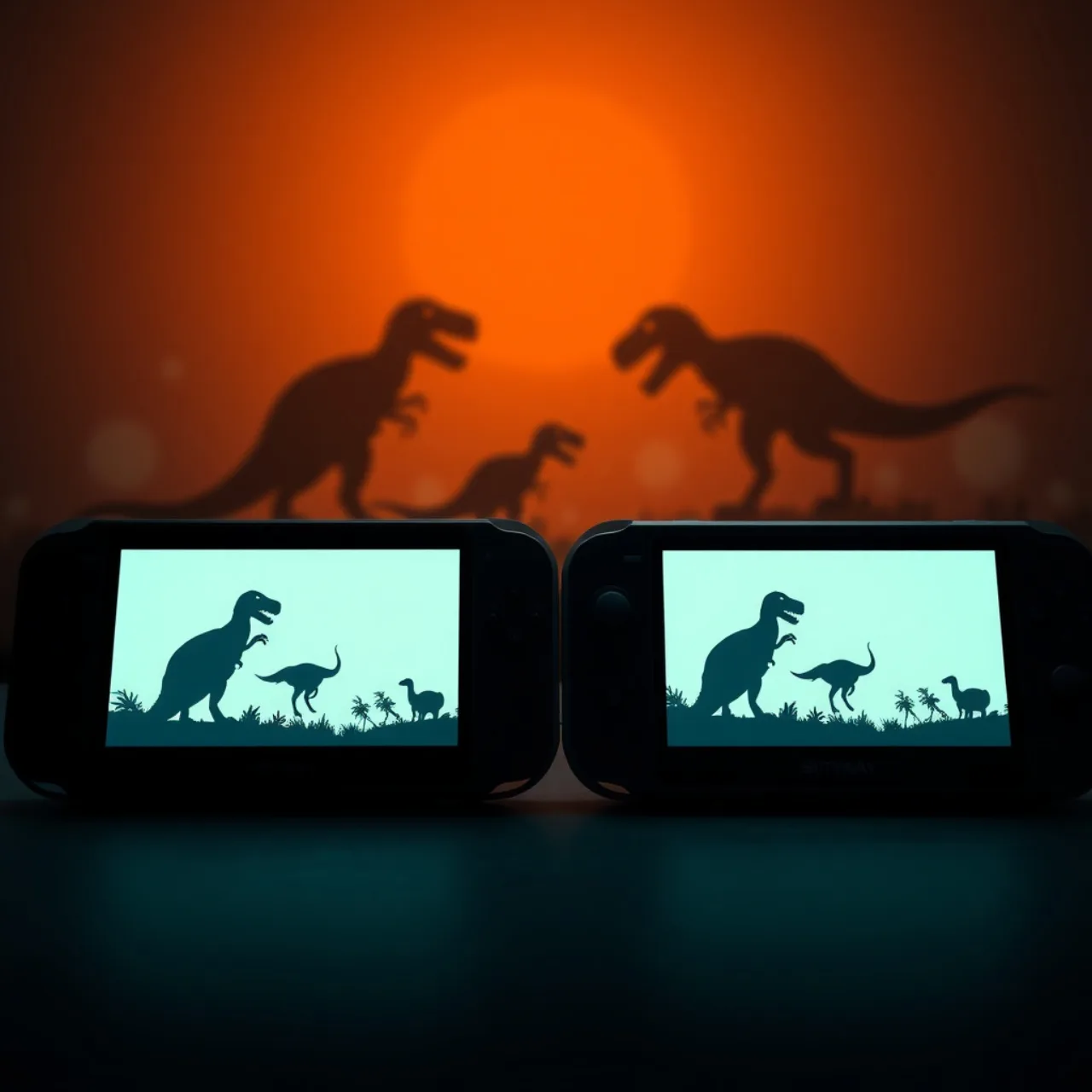 Controlador de Nintendo Switch sobre a mesa, ao lado de um pôster de dinossauro e um calendário marcando agosto