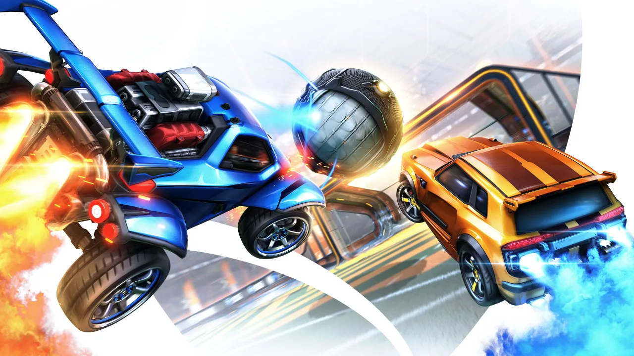 Carro de Rocket League em campo futurista com gráficos de alta definição e iluminação dinâmica da Unreal Engine 6