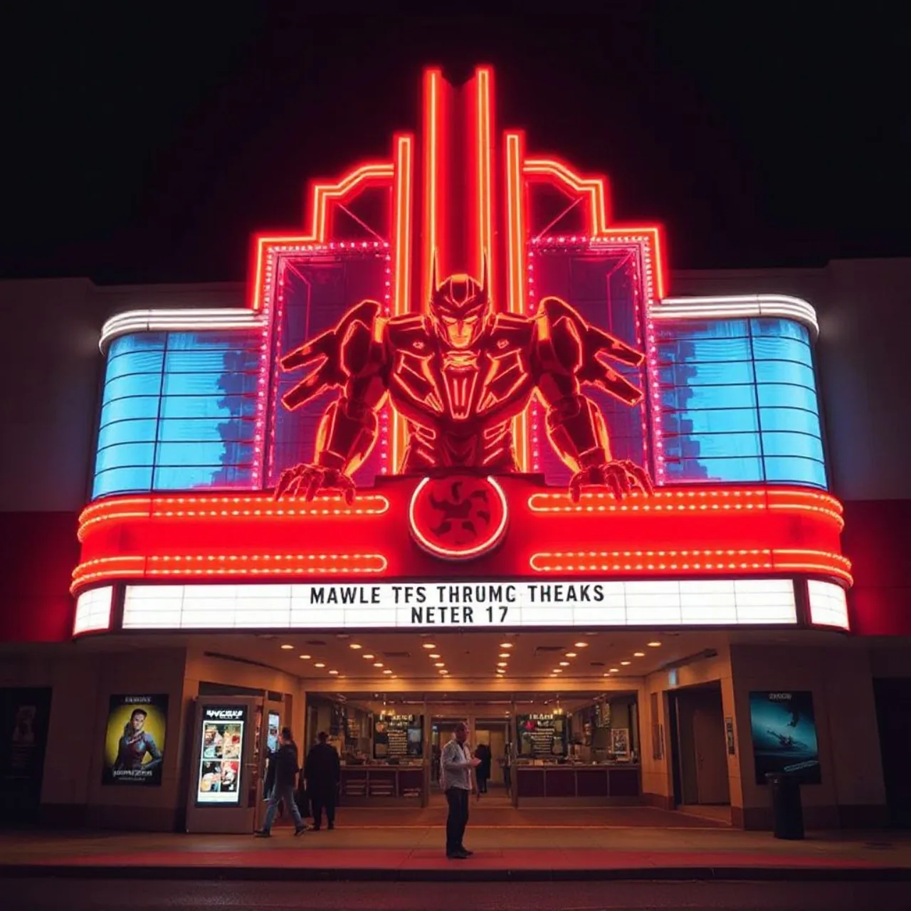 Freedom Zero, o Gundam da SEED, em pose heroica diante de um letreiro de cinema com bandeira dos EUA ao fundo