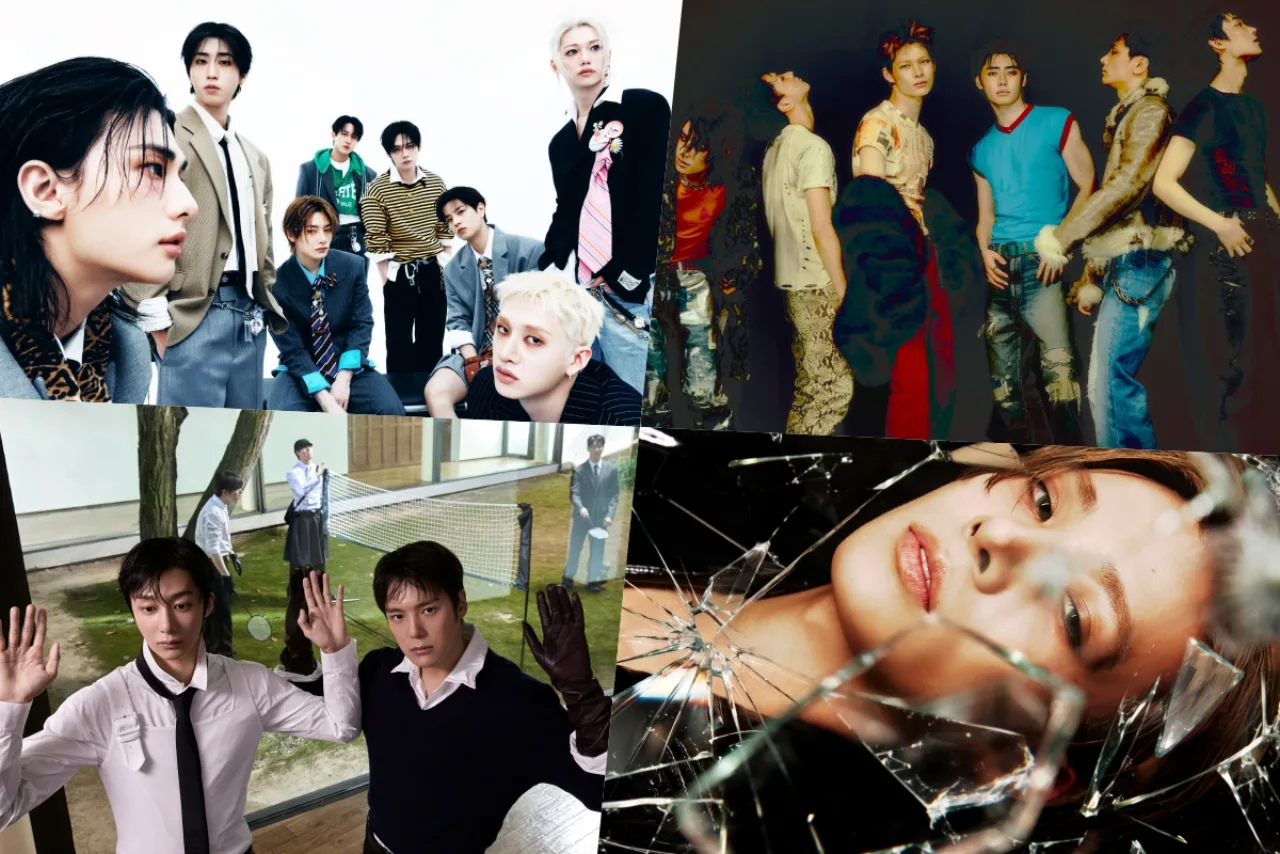 Membros de Stray Kids posam ao lado do álbum THIS & THAT, com o logo da Billboard World Albums ao fundo