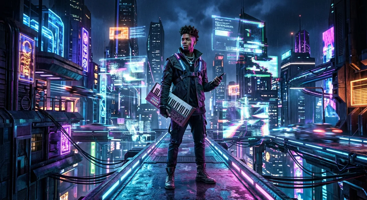 Lindsay Powell aparece em traje cyberpunk, cercada por neon de Tóquio e linhas de código flutuando, evocando golpistas