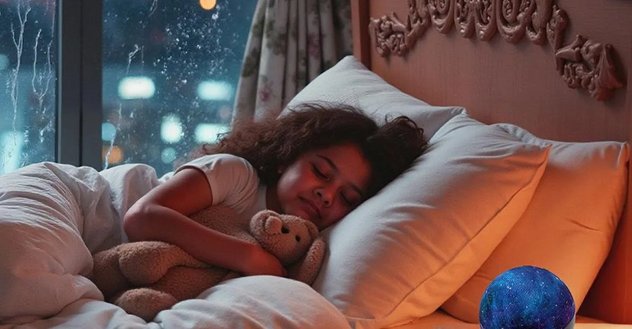 Criança de pijama abraçando um Echo Dot ao lado de luzes suaves e um difusor de aromas na cabeceira