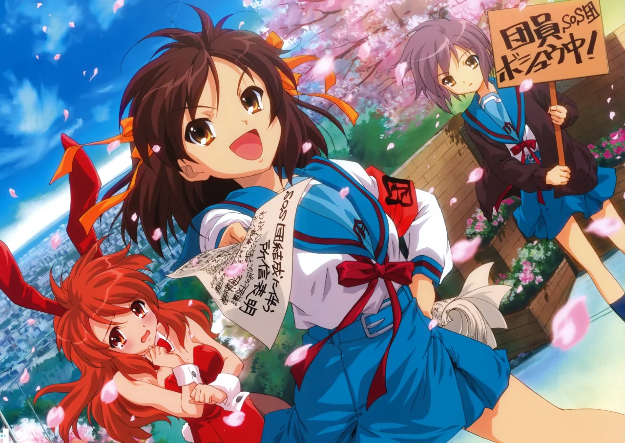 Haruhi e Hatsune Miku em roupas esportivas, segurando halteres ao lado de garrafa de água e tapete de yoga
