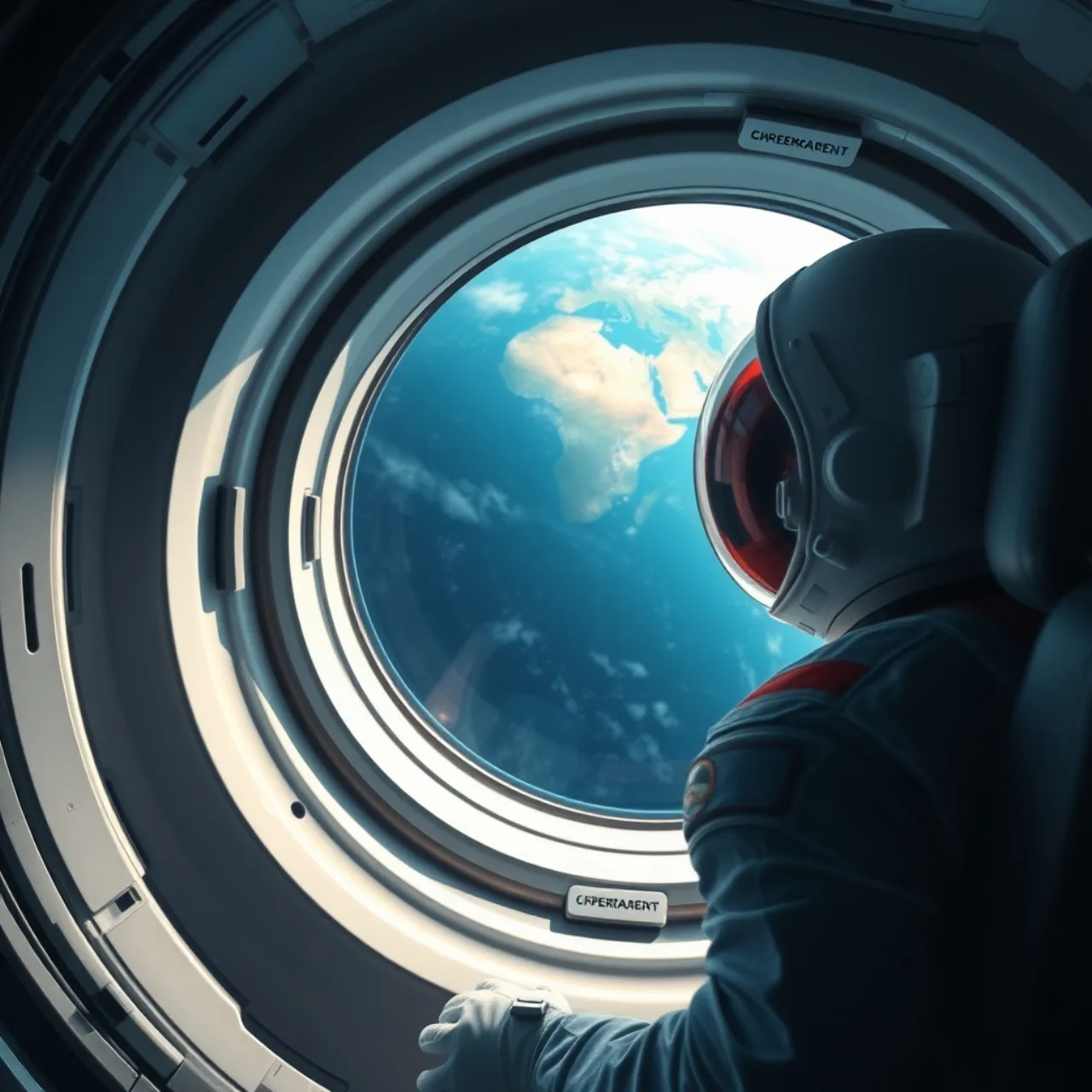 Homem em traje de astronauta faz agachamento com halteres ao lado de modelo de foguete e garrafa de água