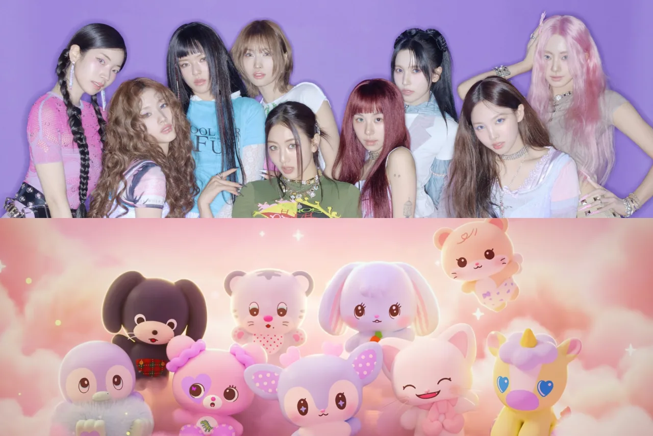 Mascotes coloridos estilo cartoon da linha TDOONGZ ao lado do logotipo da TWICE, exibindo seus nomes e designs