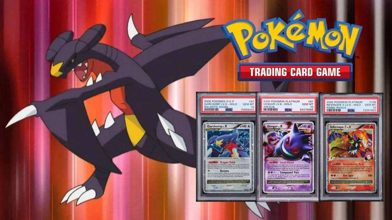 Cartas Pokémon LV.X em exposição, destacando a Garchomp LV.X brilhante ao lado do selo PSA 10 e logo da Fanatics
