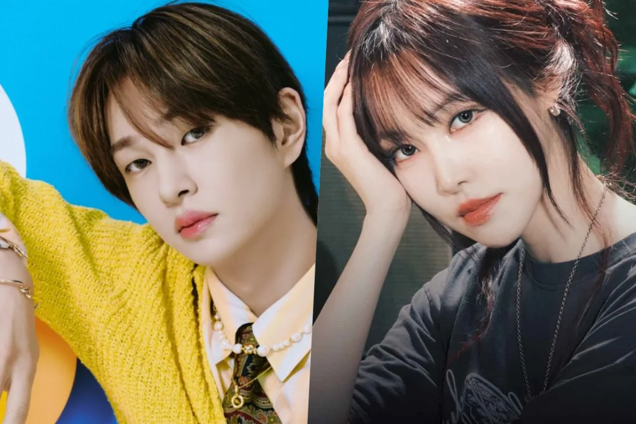 Onew e Yuju posam lado a lado, segurando microfones, com o logo “Mind Games” ao fundo em neon