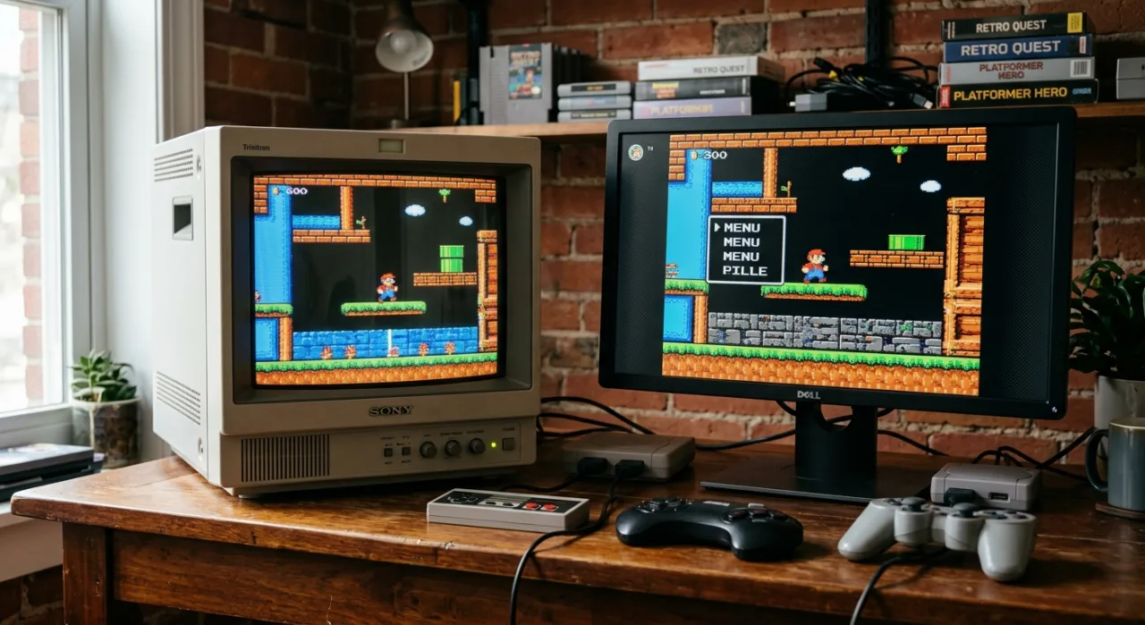 Jovem sentado em cadeira ergonômica, segurando joystick, com halteres ao lado e monitor 4:3 exibindo pixel art