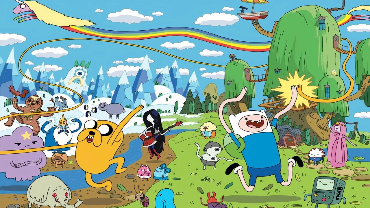 Jovem em leggings fazendo agachamento, com TV ao fundo exibindo Adventure Time em 3D