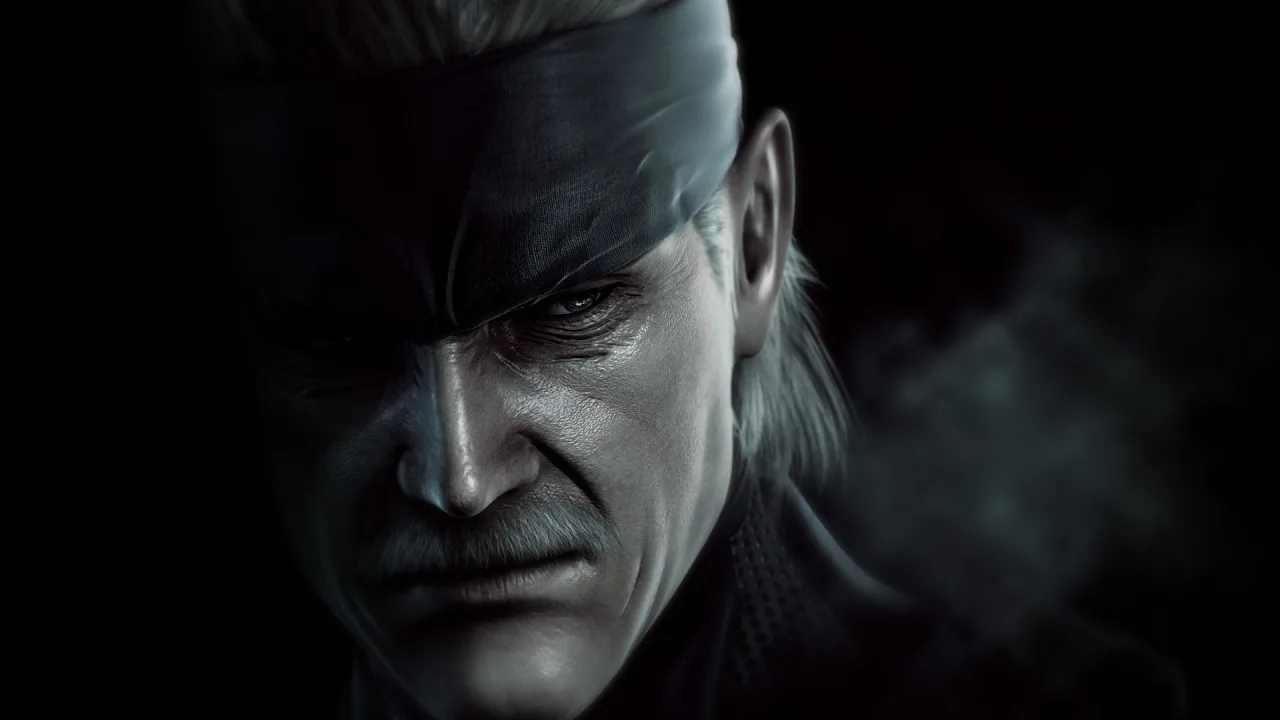 Solid Snake em posição tática, segurando um rifle de assalto em um cenário de zona de guerra urbana destruída