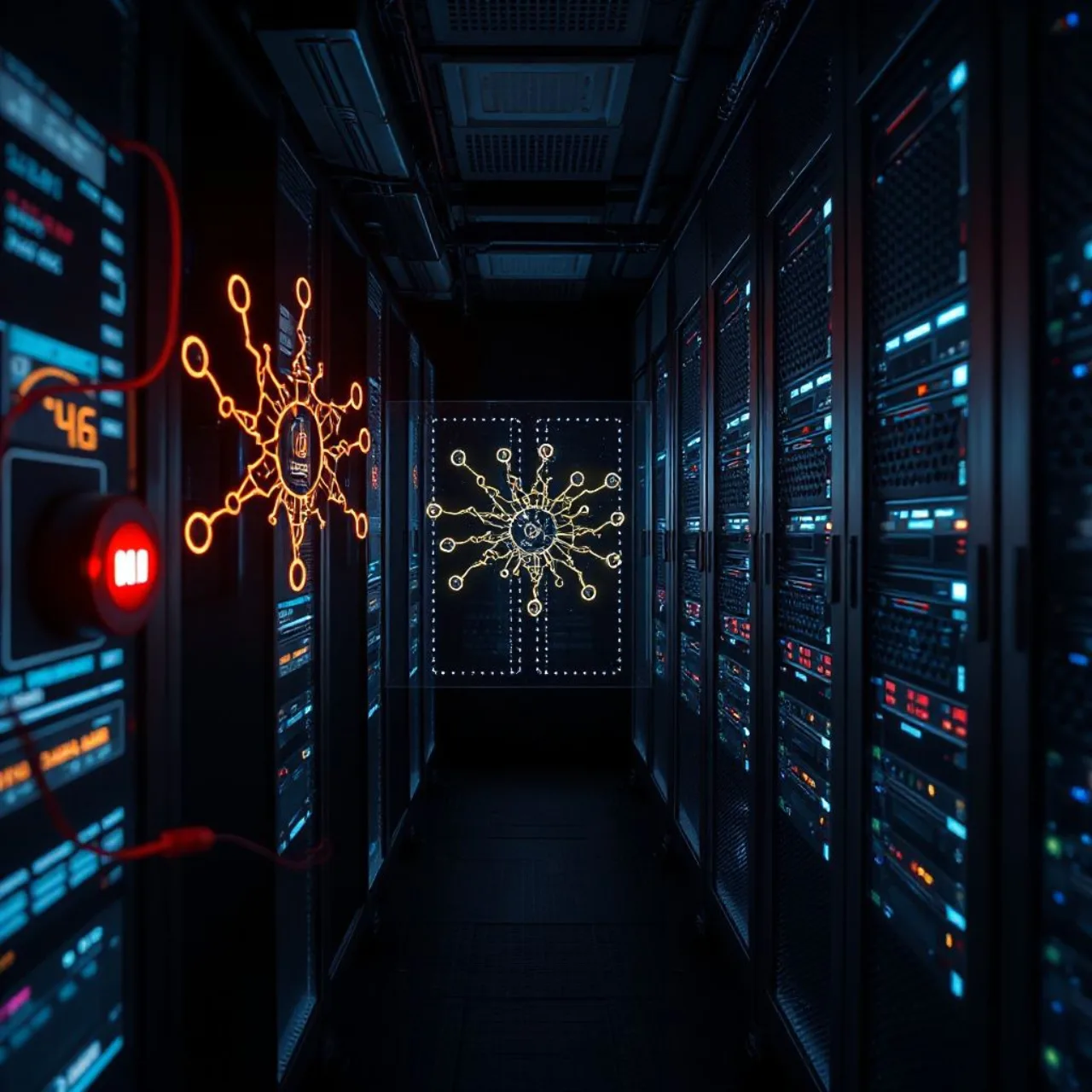 Logotipo da OpenAI ao lado de servidores e tela exibindo código, simbolizando a pausa no treinamento de IA avançada