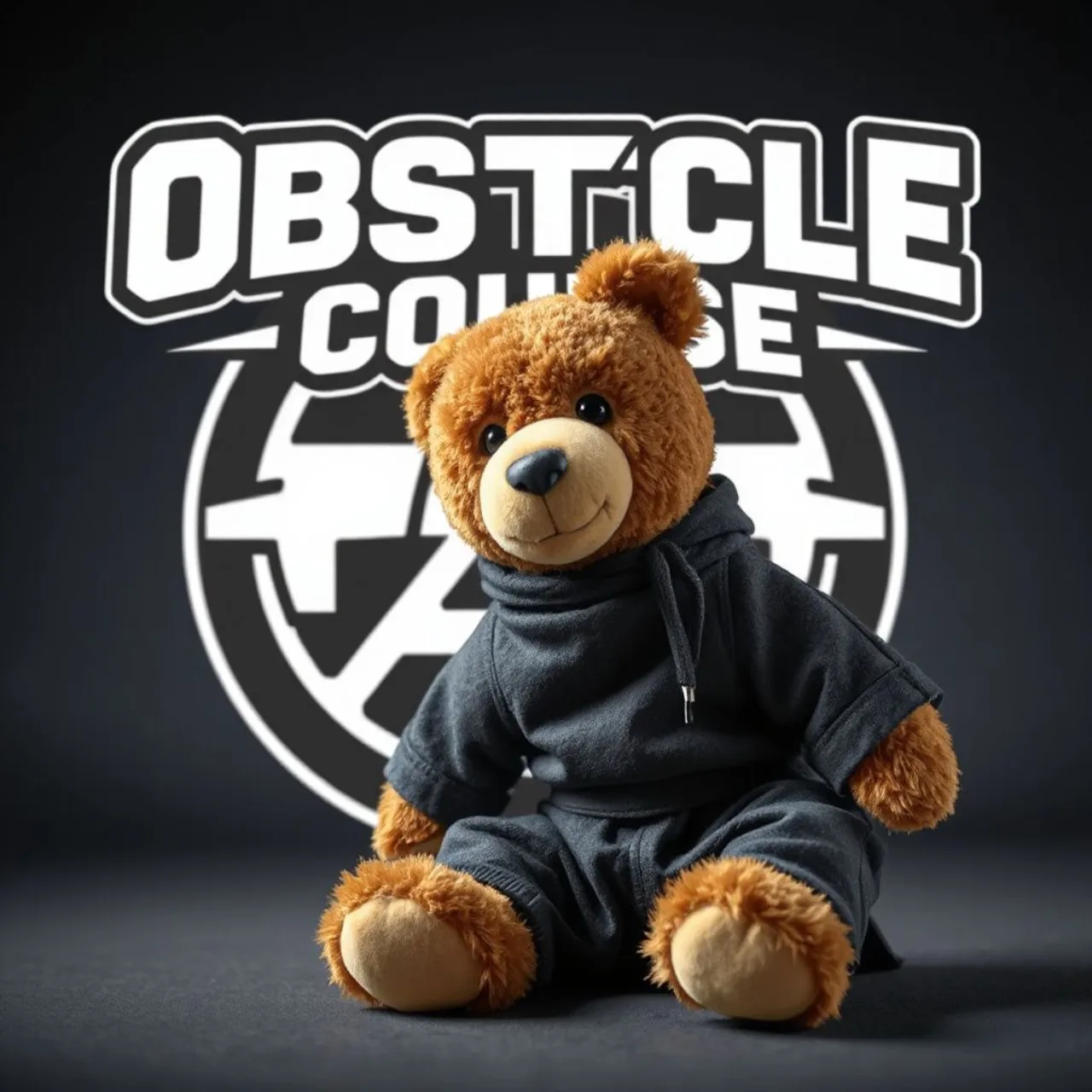 Ursinho Rilakkuma vestido de ninja, pendurado numa corda da Sasuke ao lado de um competidor em traje esportivo