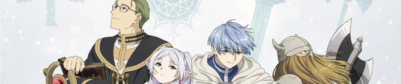 Jovem em camiseta de Frieren faz alongamento ao som da orquestra, com garrafa d’água e poster do anime ao fundo