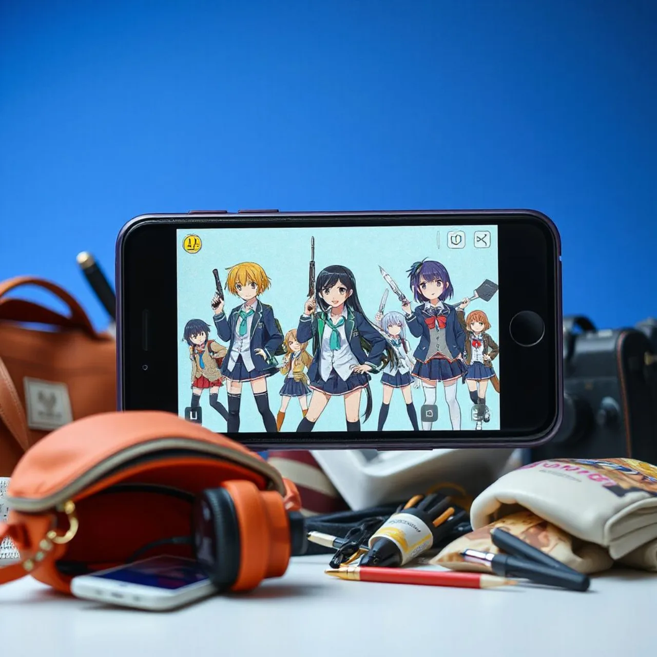 Garotas colegiais armadas seguram pistolas ao lado de um celular exibindo o logo do RPG JJK: Jū Heisōgata Joshi Kōse