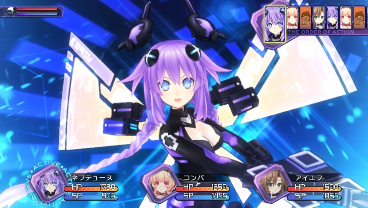 Jogadora de camiseta de Neptunia faz polichinelos ao lado de console, controle, garrafa de água e maçã verde
