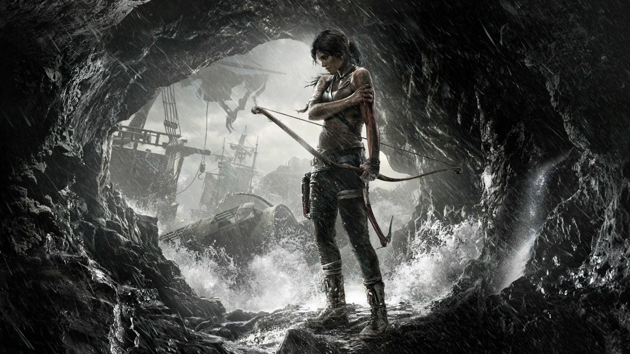 Lara Croft treinando intensamente com halteres e garrafa de água em um cenário de ruínas arqueológicas modernas