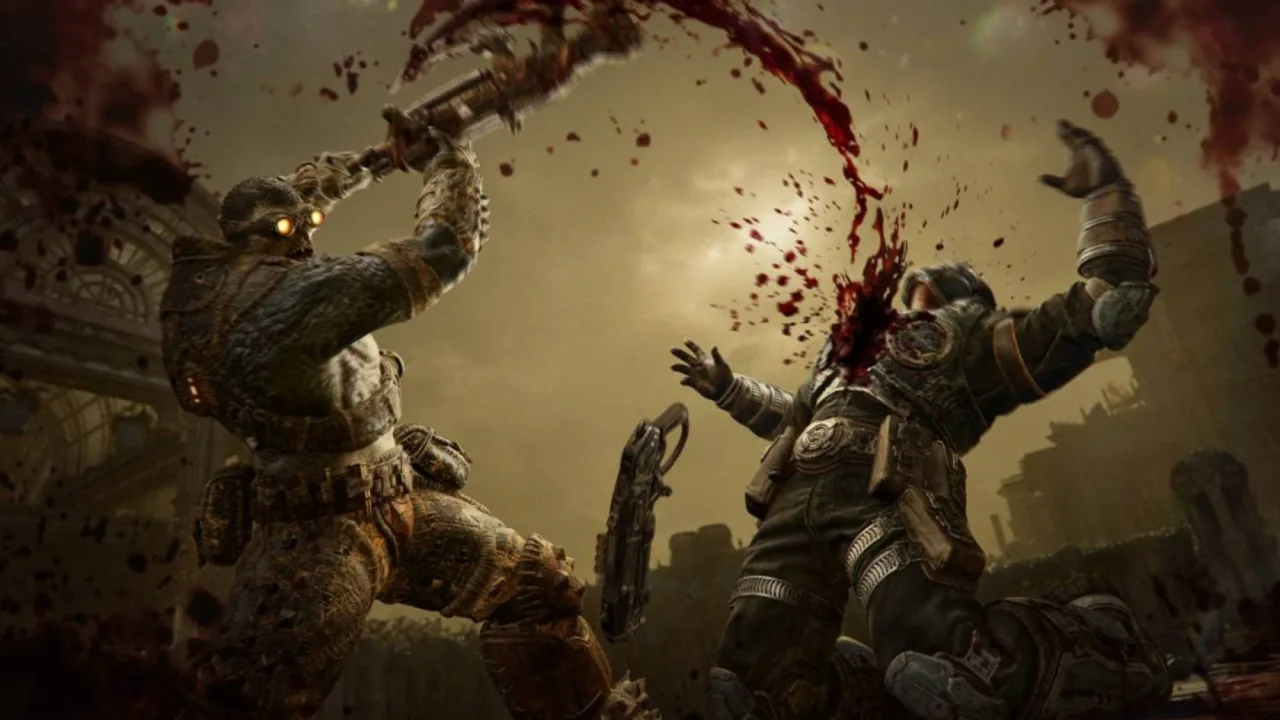 Marcus Fenix empunhando a Lança‑Chamas, cercado por destroços e o logo de Gears of War ao fundo