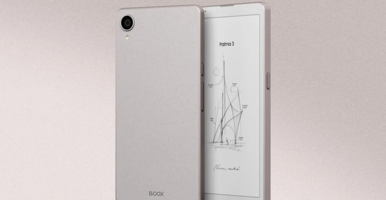 Boox Palma 3 com caneta stylus sobre mesa, exibindo tela renovada e preço destacado em dólares