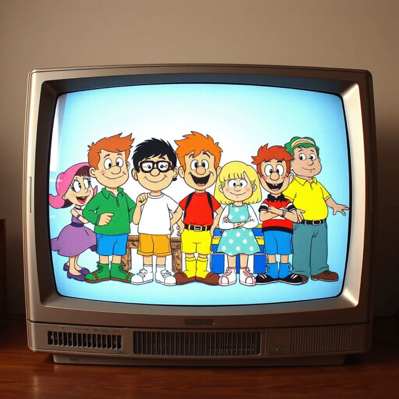 Adolescente no sofá, com controle na mão, rodeado de salgadinhos, refrigerante e TV exibindo desenhos dos anos 90