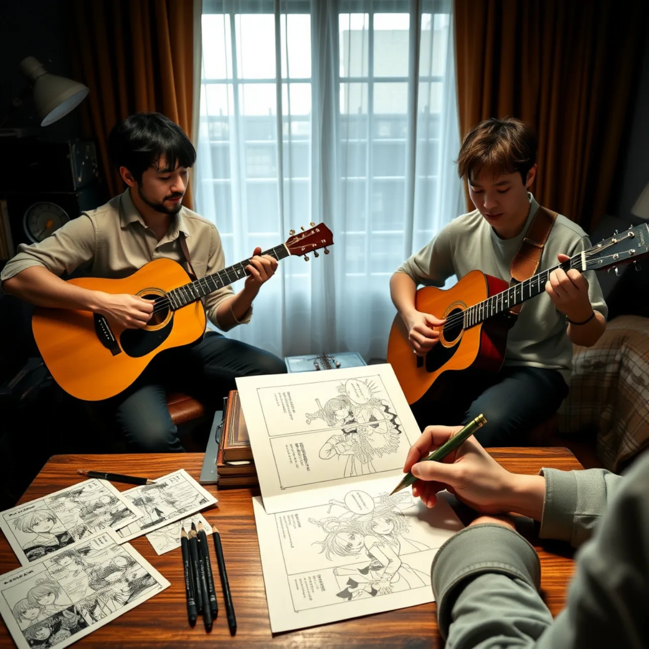 Guitarras acústicas e músicos em ação