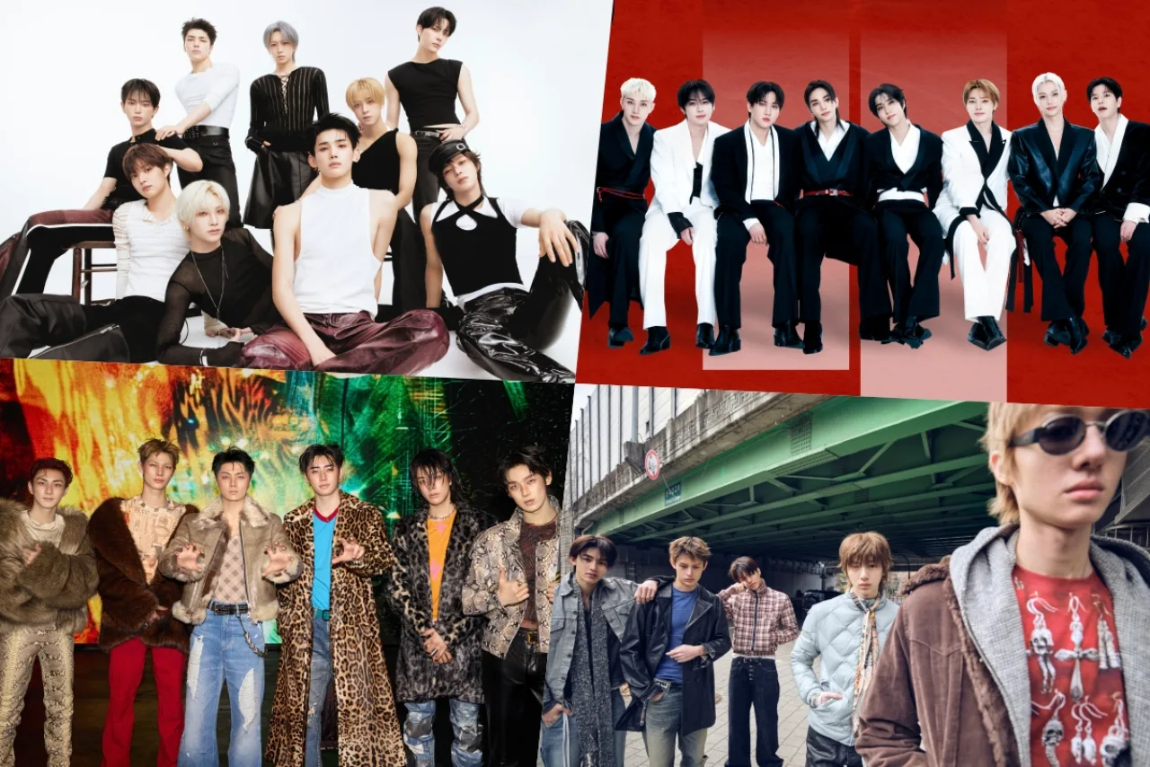 Capas de &TEAM, Stray Kids e ENHYPEN sobre o logo da Billboard World Albums, destacando o topo com “Mark on Me”