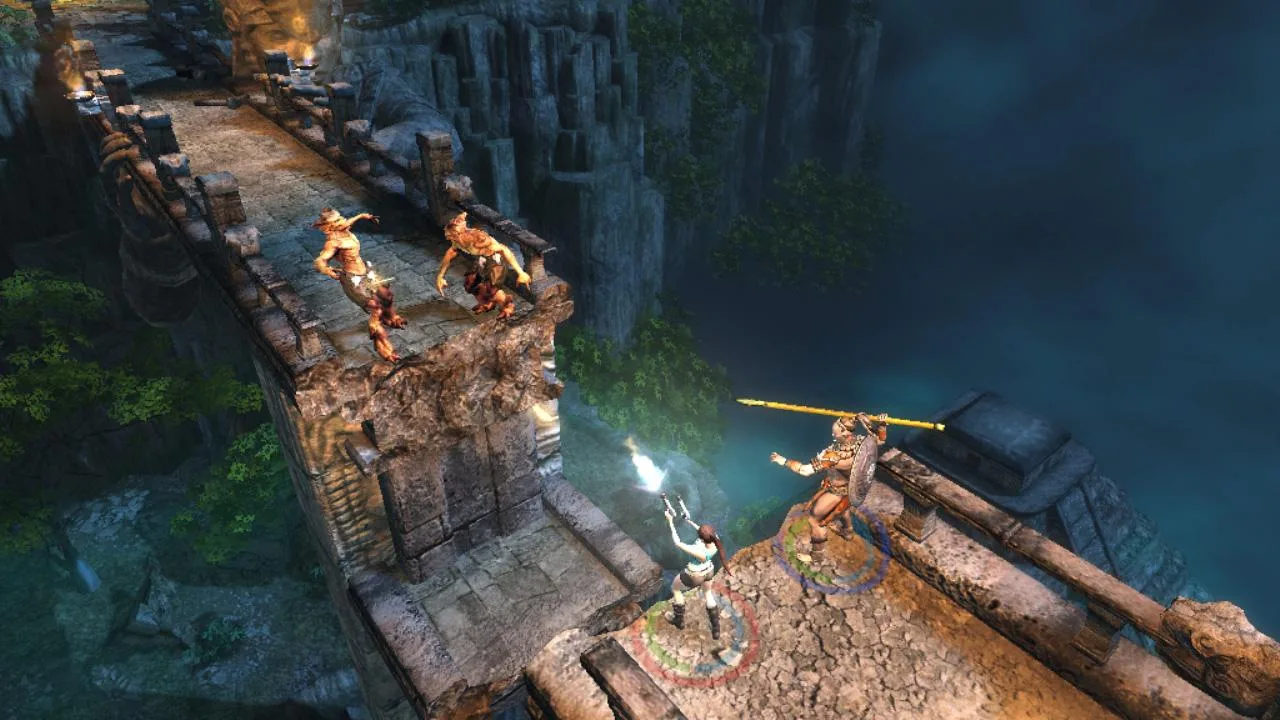 Lara Croft em traje icônico, segurando pistolas, ao lado de um mapa antigo da tumba e um controle de videogame retro