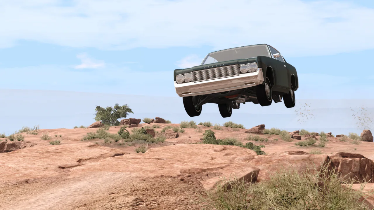 Atleta correndo na trilha de Utah ao pôr‑do‑sol, sombras realistas e um carro de rally vermelho ao fundo