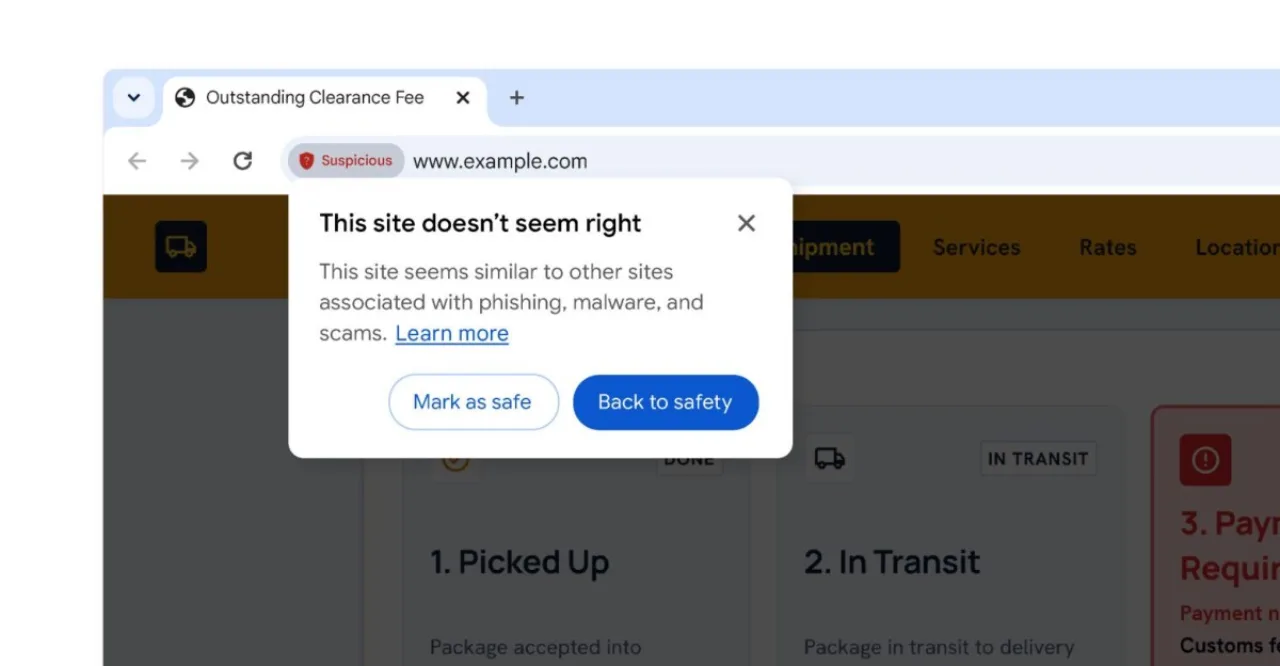 Tela do Chrome mostrando alerta amarelo com ícone de escudo e mensagem ‘Site suspeito’ ao lado do logotipo da Google