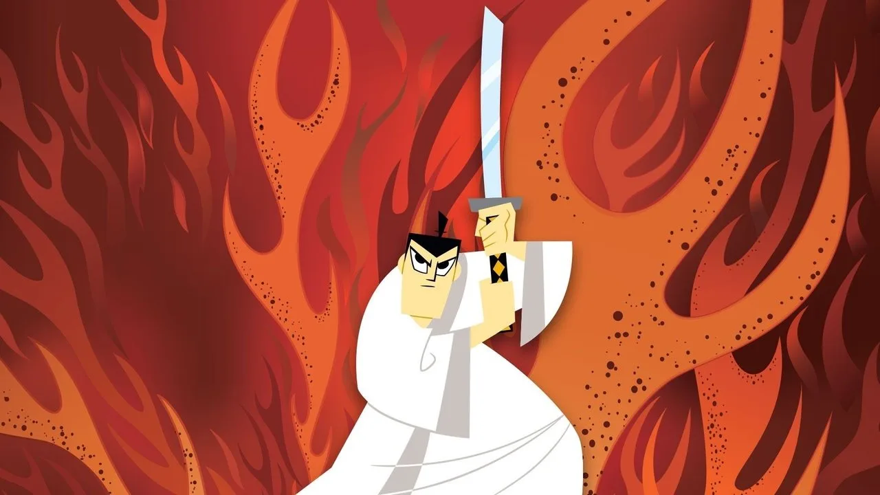 Jovem em roupa de treino, segurando controle remoto, assistindo Samurai Jack na TV com halteres ao lado