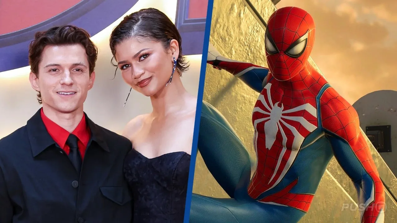 Tom Holland e Zendaya sentados no sofá, segurando controles de videogame, cercados por latas de água e frutas energéticas