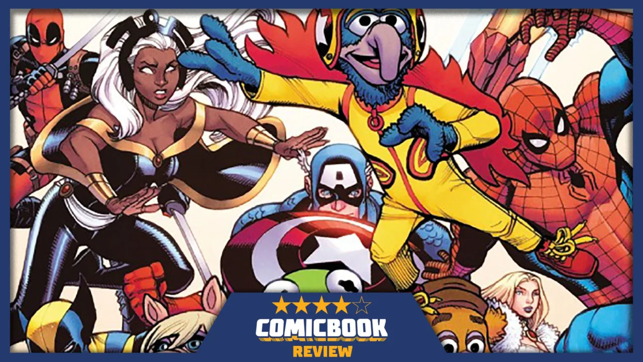 Kermit, Miss Piggy e Spider‑Man posam juntos em estilo de quadrinhos, cercados por cores vibrantes e o logo da Marvel