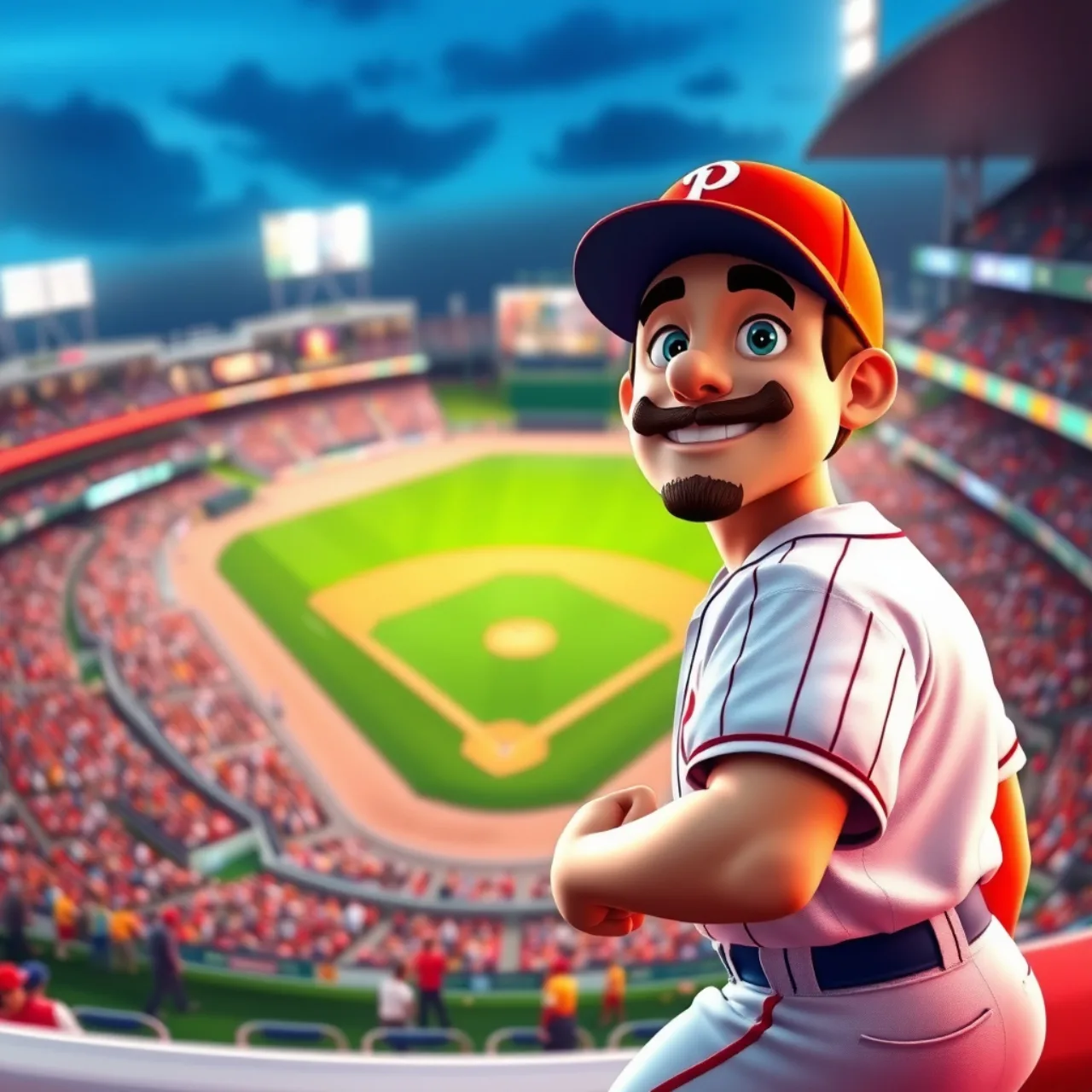 Jogador em pose de agachamento, segurando o controle do GameCube, com a caixa de “Mario Superstar Baseball” ao fundo