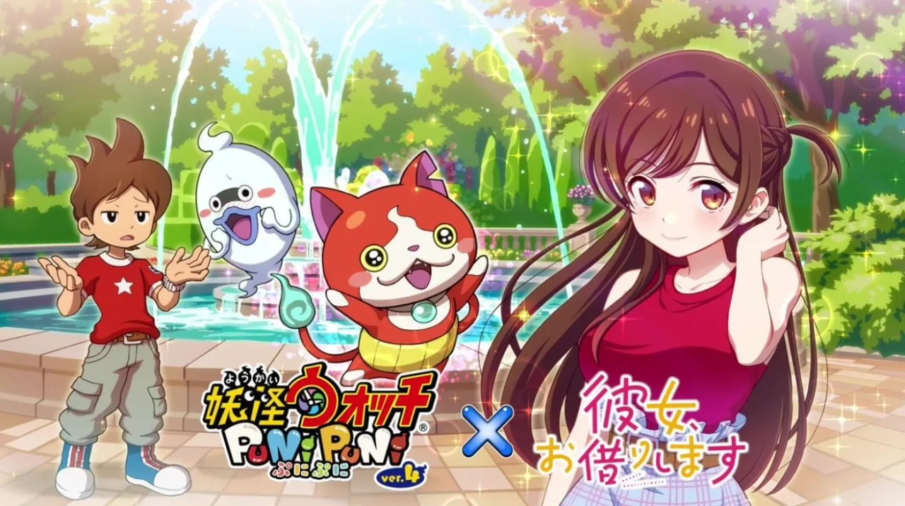 Jovem sentado em um tapete de yoga, segurando o celular e jogando Yo‑kai Watch Puni Puni, com garrafas de água ao lado