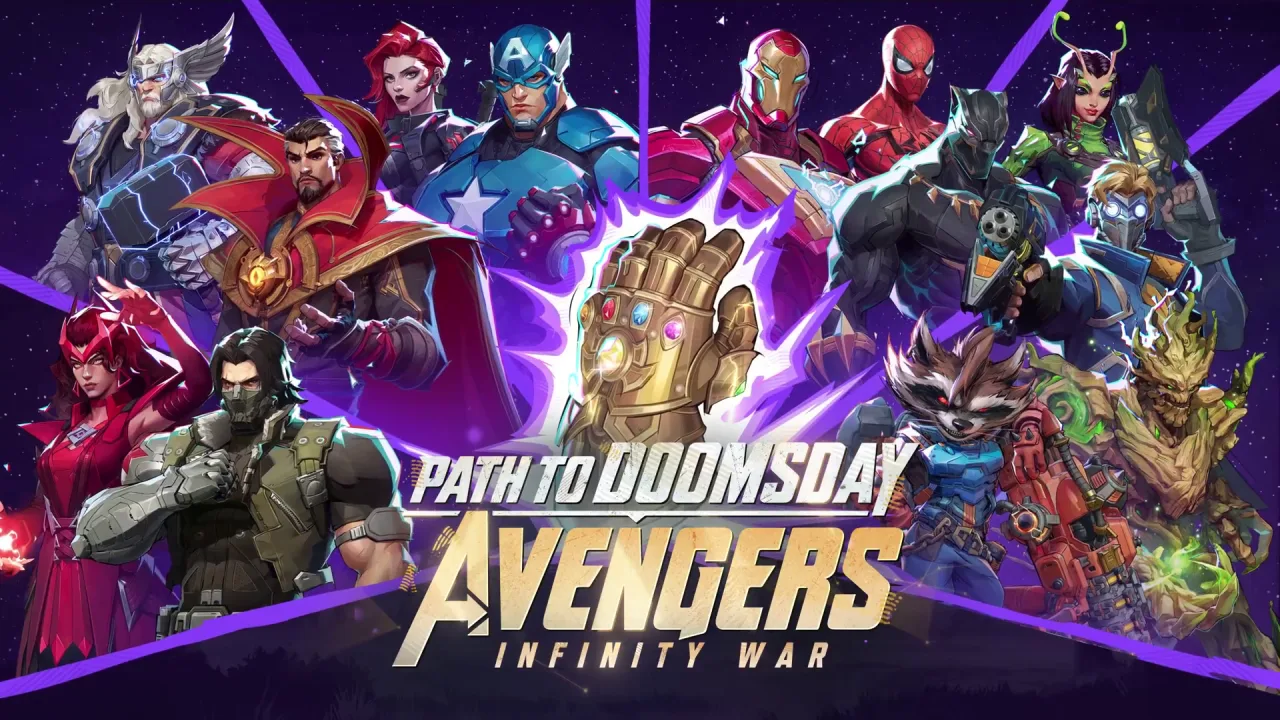 Thanos enfrenta heróis em um tabuleiro de Marvel Rivals, com logo da atualização e abóboras de Halloween ao fundo