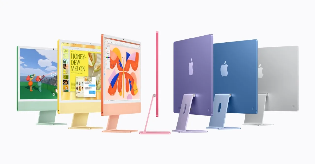 iMac prata com tela vibrante, logotipo da Apple ao centro e selo “M6” destacado na borda inferior