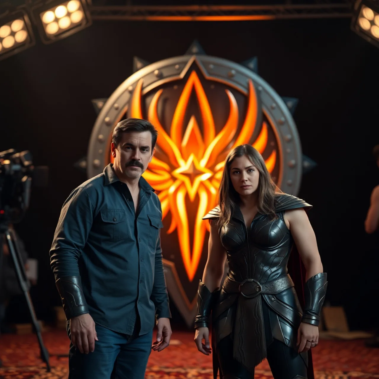 Adria Arjona vestindo roupa de treino, segurando halteres, ao lado de Jason Momoa em traje de super‑herói