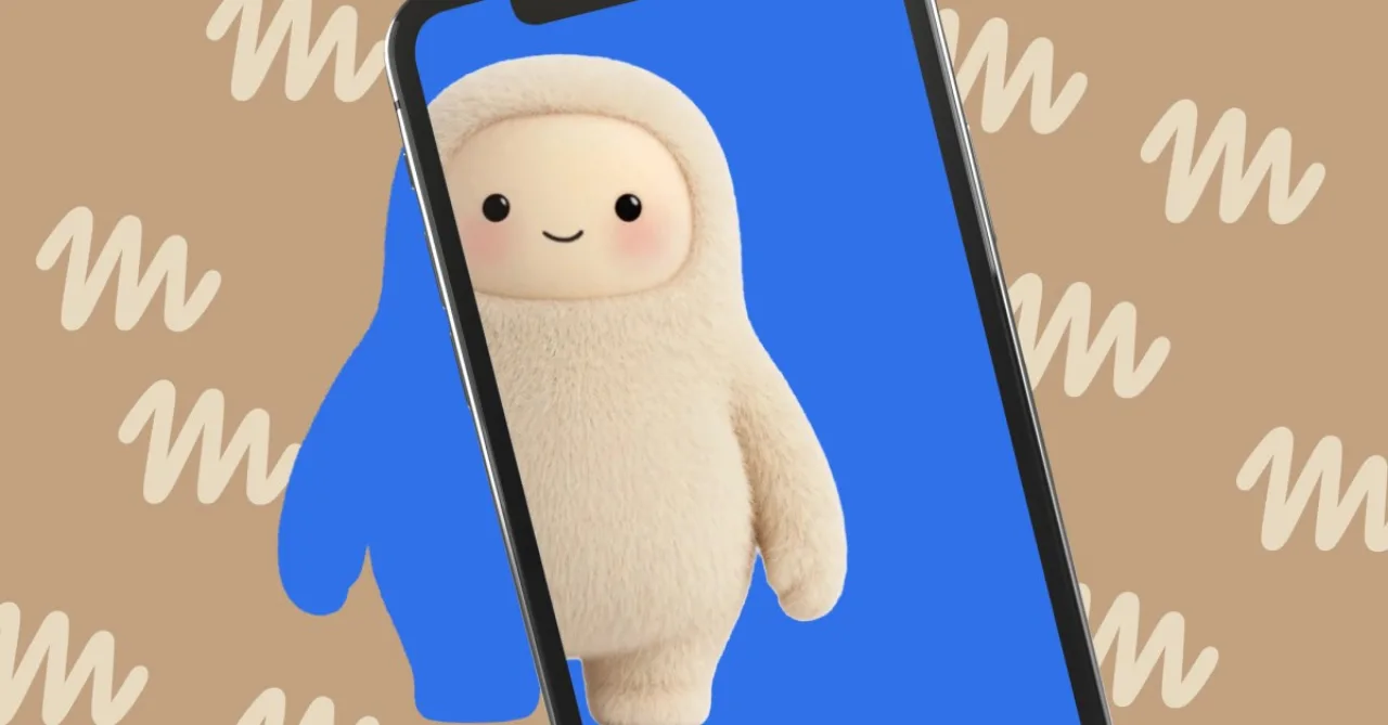 Muse Charm, o mascote estilo tamagotchi da Meta, ao lado de um smartphone exibindo a interface do Muse AI