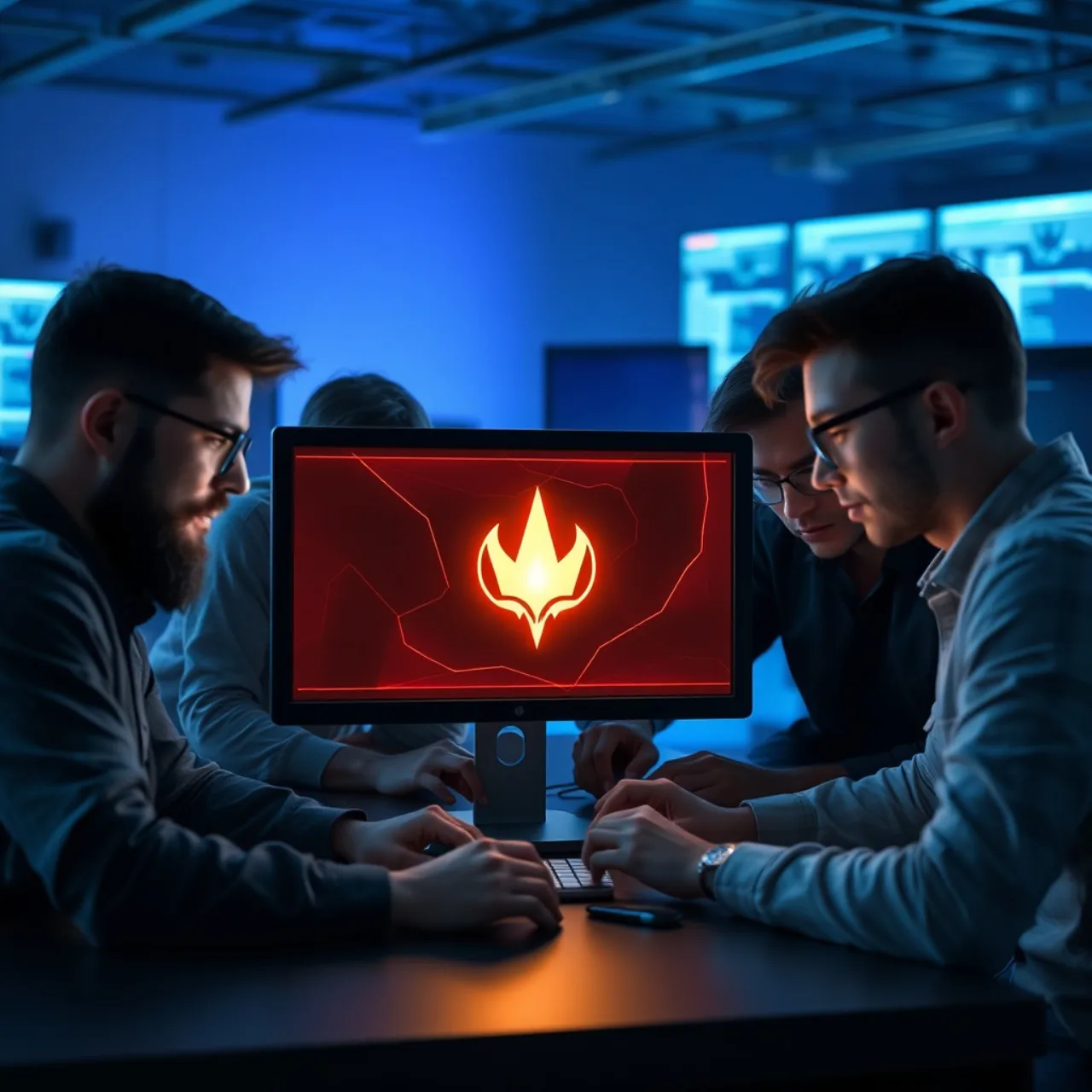Programadores sentados em mesas, segurando cartas de Magic e laptops, com bandeiras da nova união ao fundo
