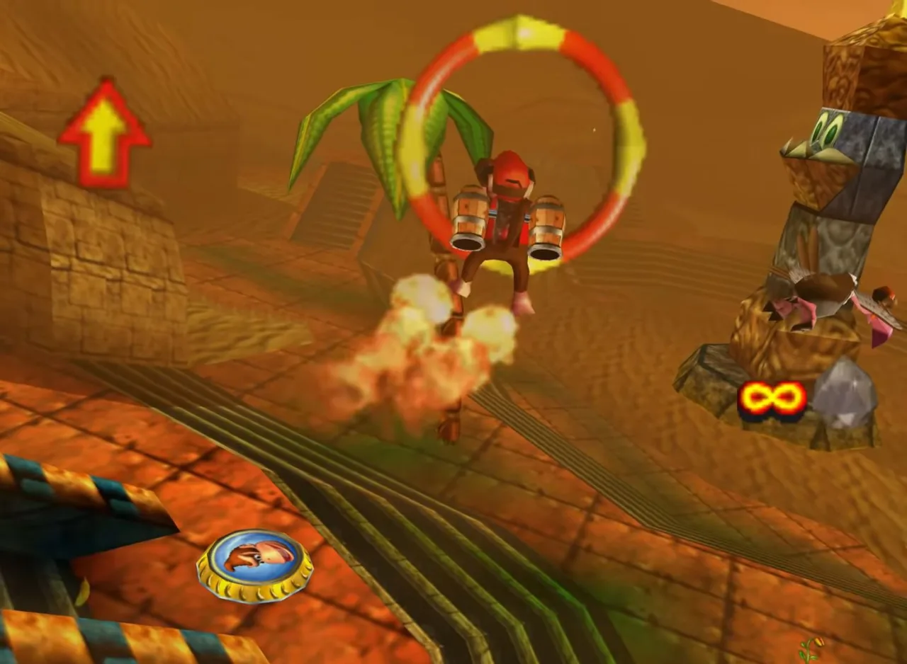 Pessoa jogando Donkey Kong 64 em um Nintendo Switch, cercada por bananas e um controle retrô sobre a mesa