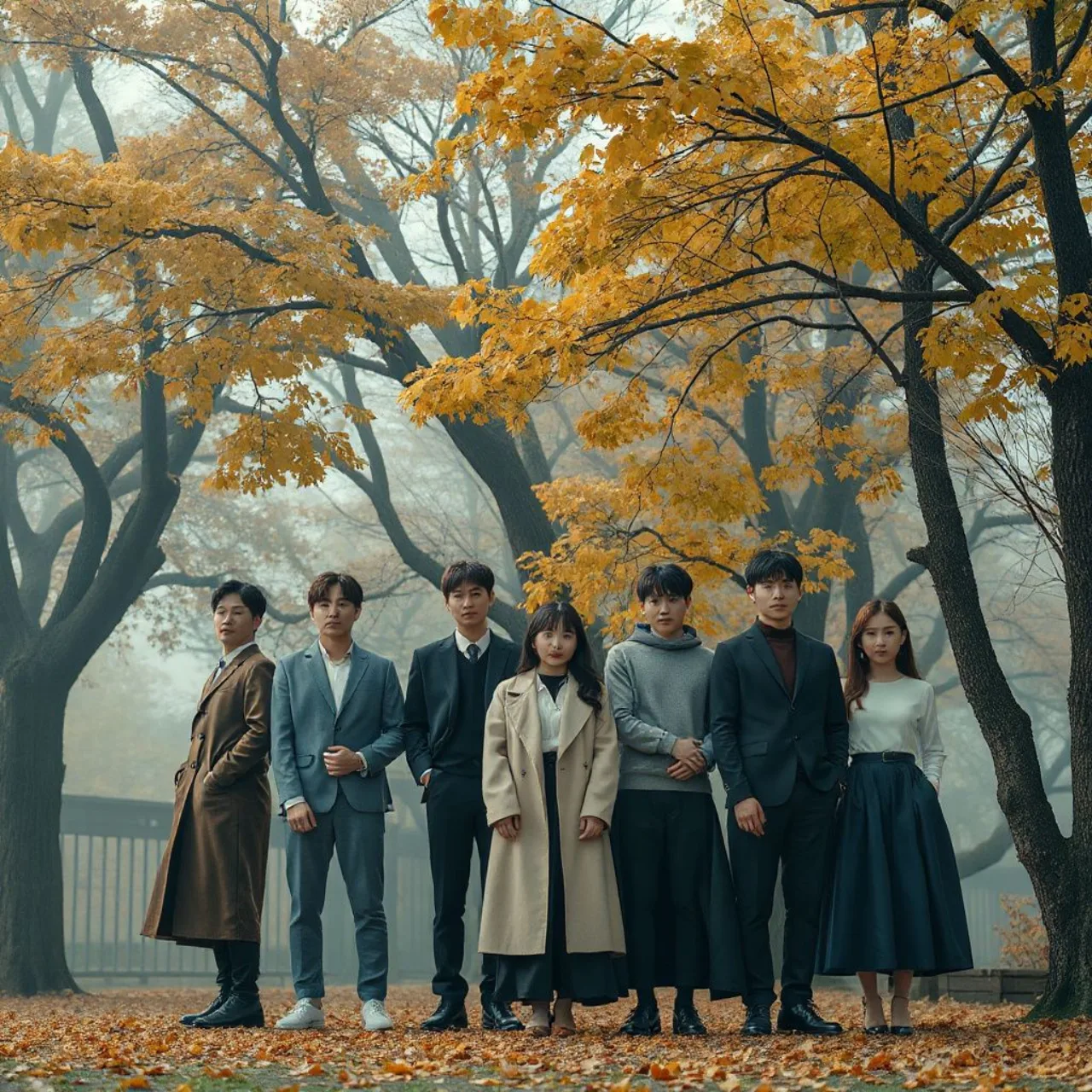 Capa de K‑Drama com casal sob luz de outono, folhas douradas ao redor e silhueta fantasmagórica ao fundo