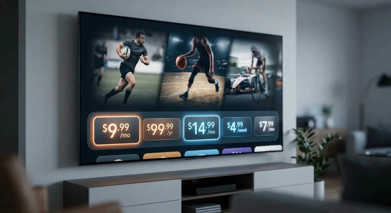 Tela de TV exibindo logo da ESPN ao lado de um controle remoto, enquanto ao fundo há um haltere e uma garrafa de água