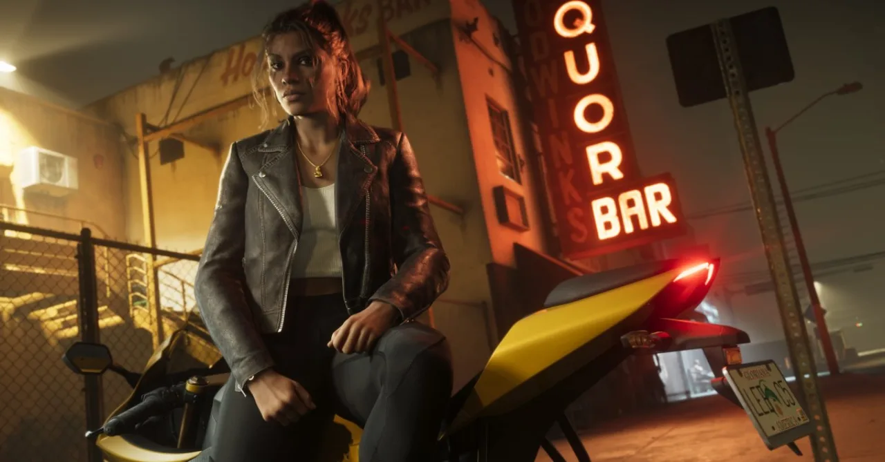 Jason, nu, corre pelas ruas neon de Vice City, com prédios ao fundo e o logo de GTA VI ao canto