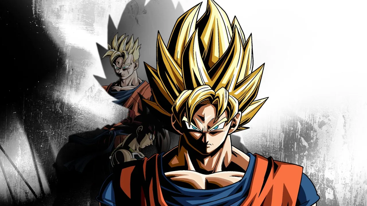 Atleta em roupa de ginástica, segurando halteres, ao lado de um pôster de Dragon Ball Xenoverse 3 na parede