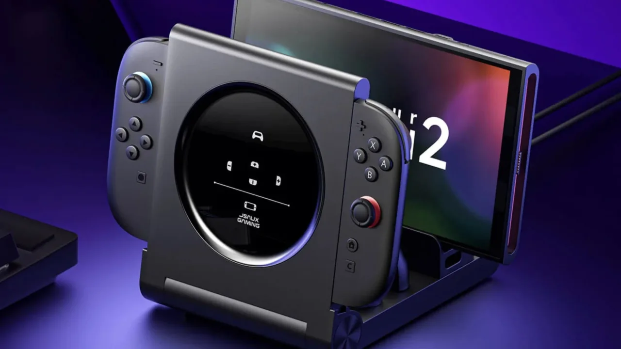 Jovem fazendo alongamento ao lado de um Nintendo Switch conectado à dock 6‑in‑1