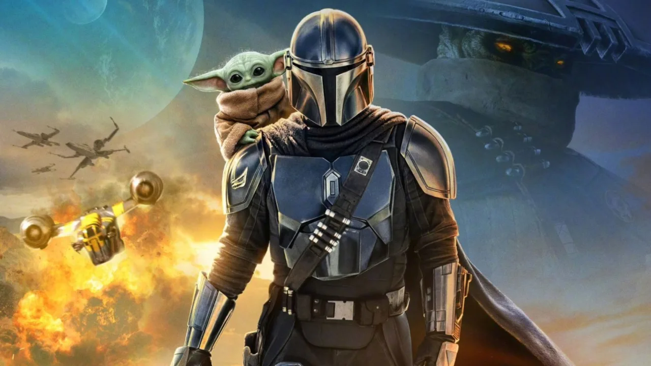 Jovem em roupa de treino levanta halteres ao lado do mini‑rig INT‑4, com pôster de The Mandalorian ao fundo